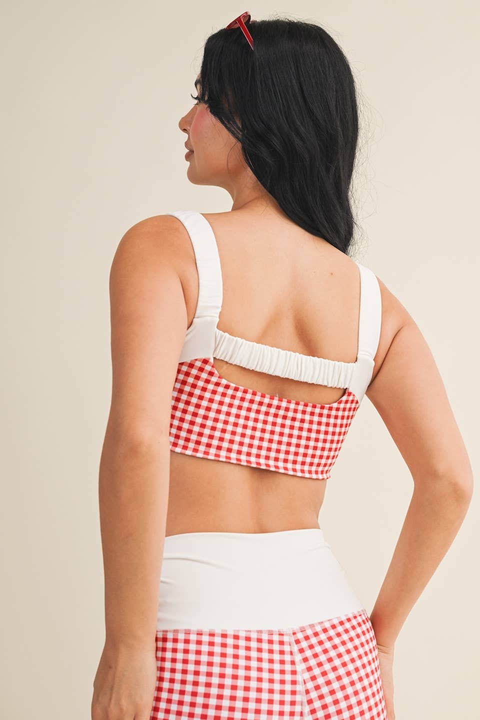 Gingham Print Scrunched Strap Sports Bra