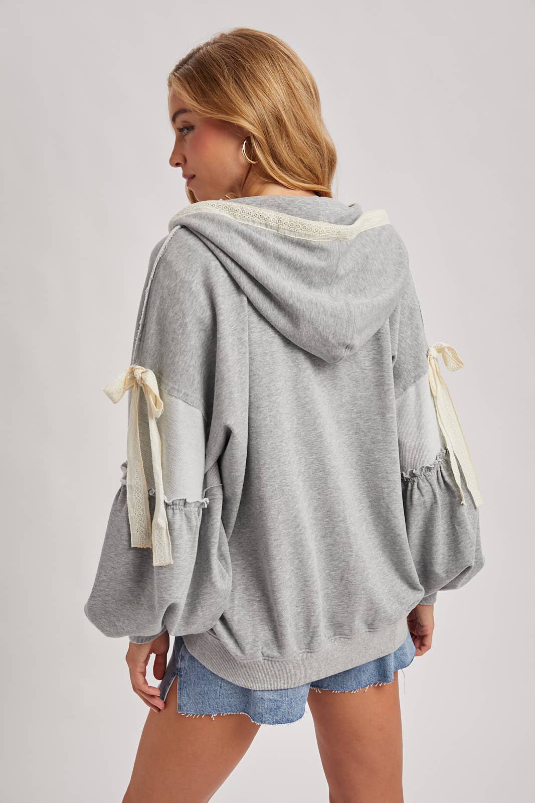 BALLOON SLEEVE LACE TRIMMED ZIPPER FRONT HOODIE OUTERWEAR