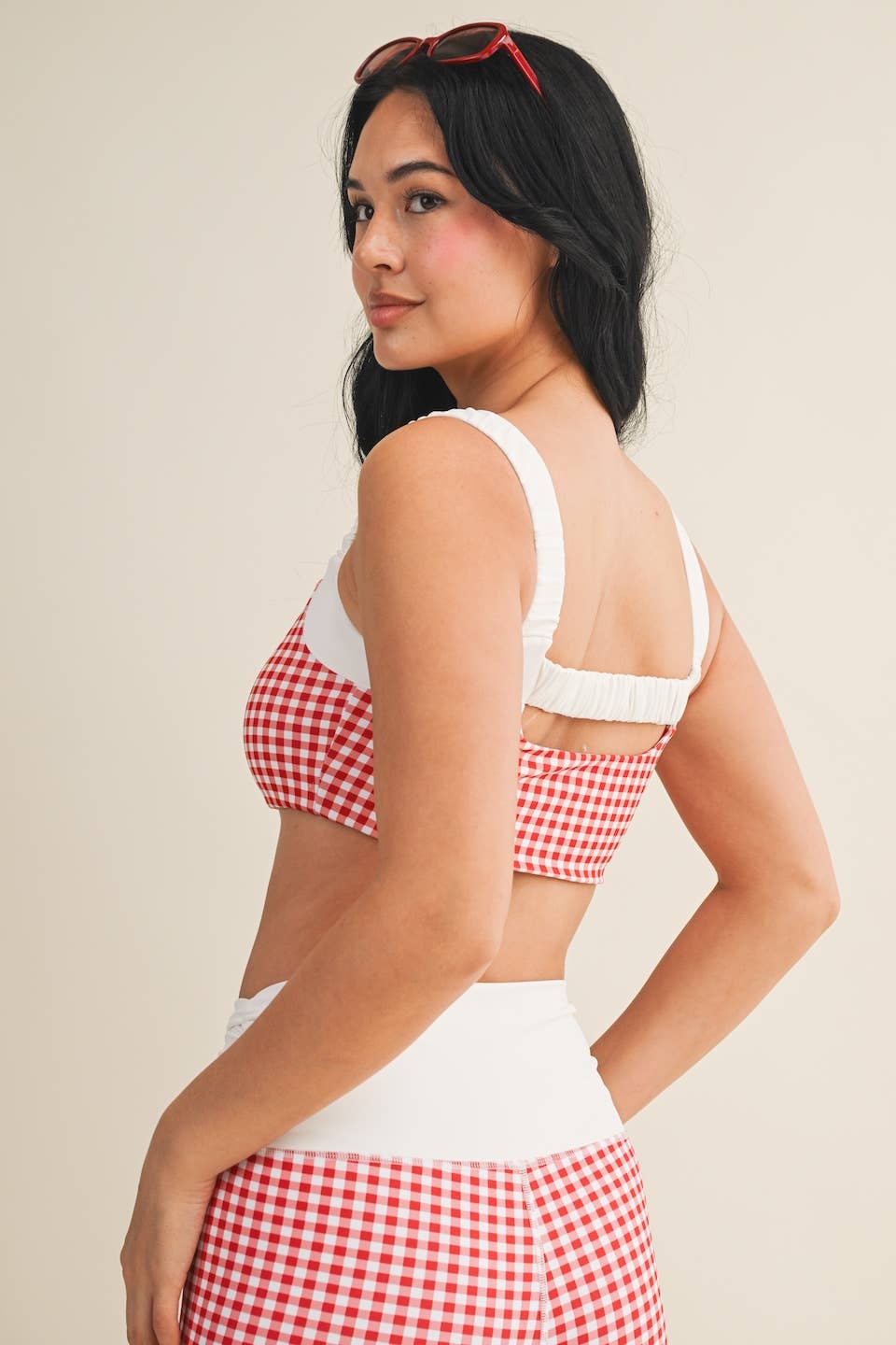 Gingham Print Scrunched Strap Sports Bra