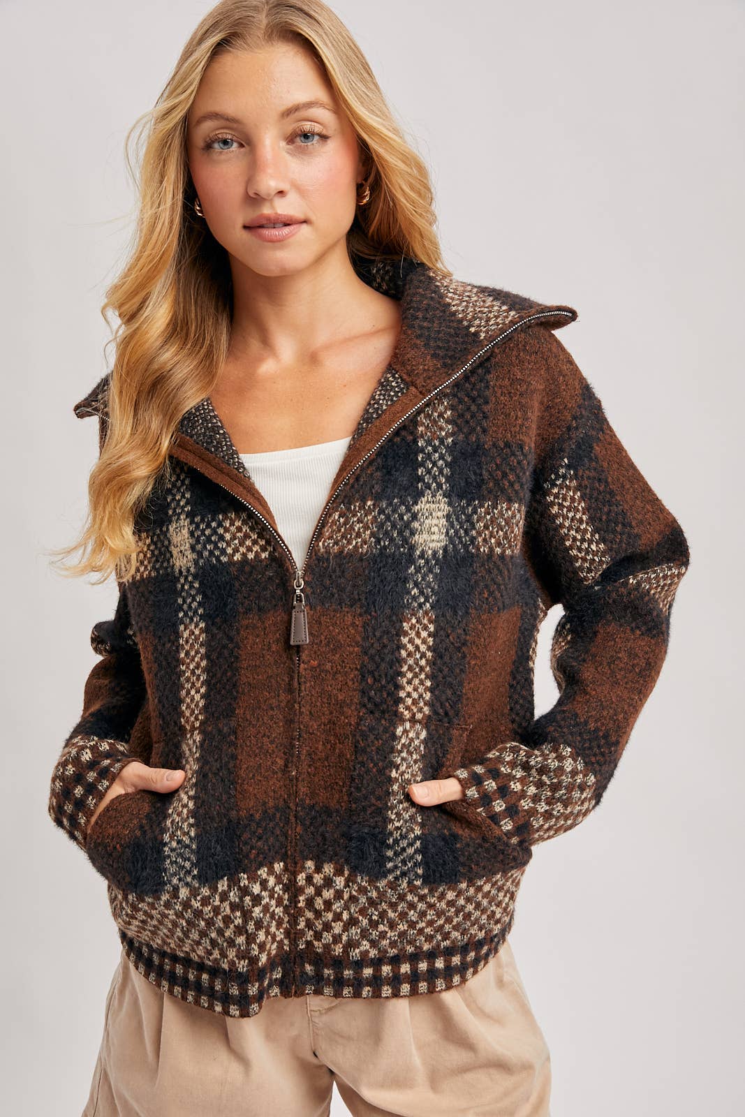 PLAID ZIPPER FRONT WIDE COLLAR FUZZY KNIT SWEATER JACKET
