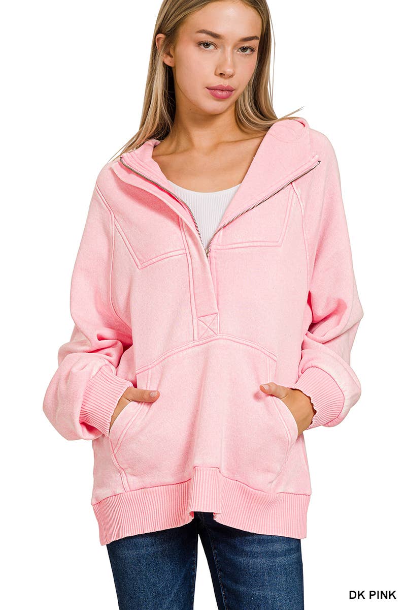 Acid Wash Fleece Oversized 1/4 Zip Kangaroo Hoodie