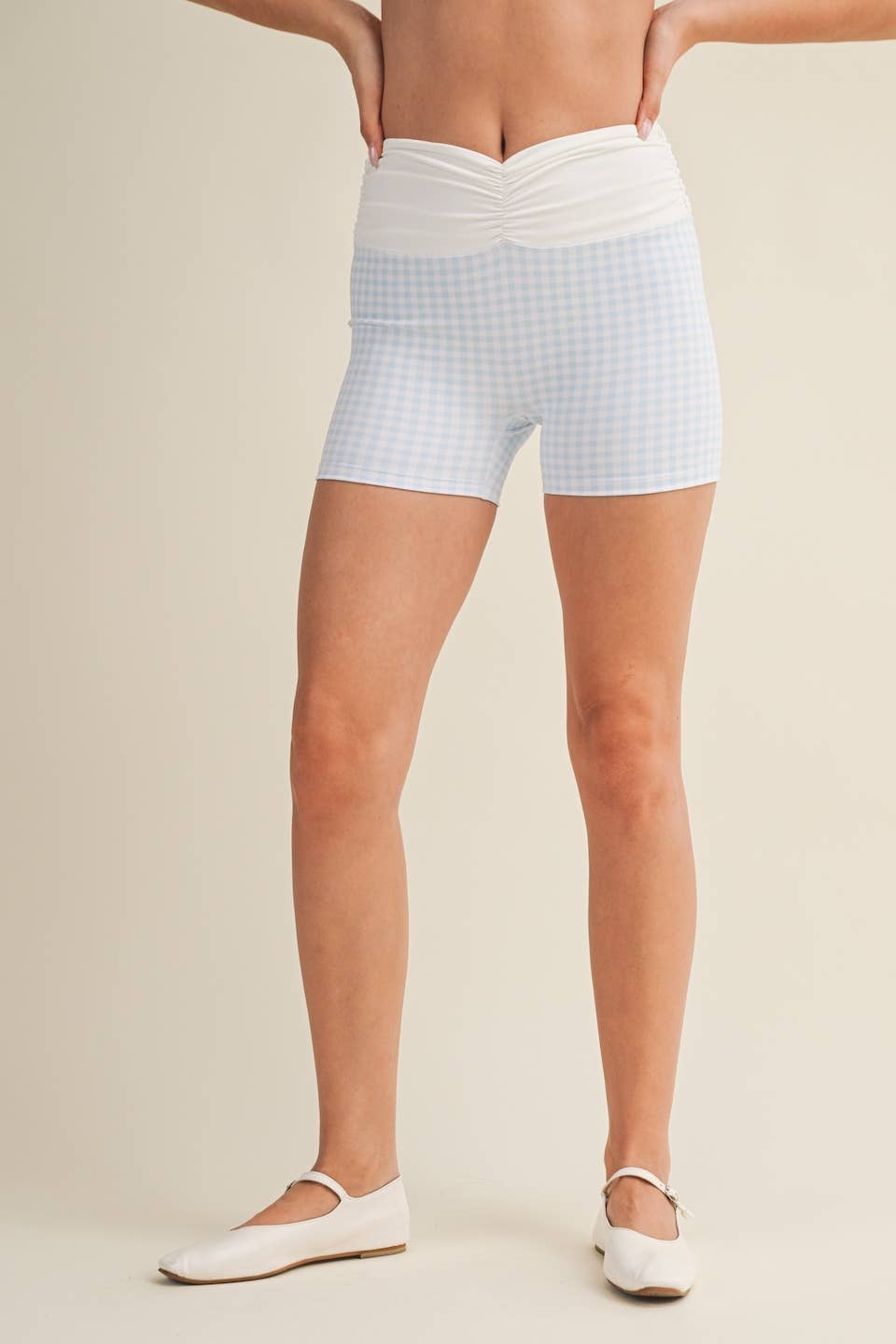 Gingham Print Ruched Waistband Biker Shorts