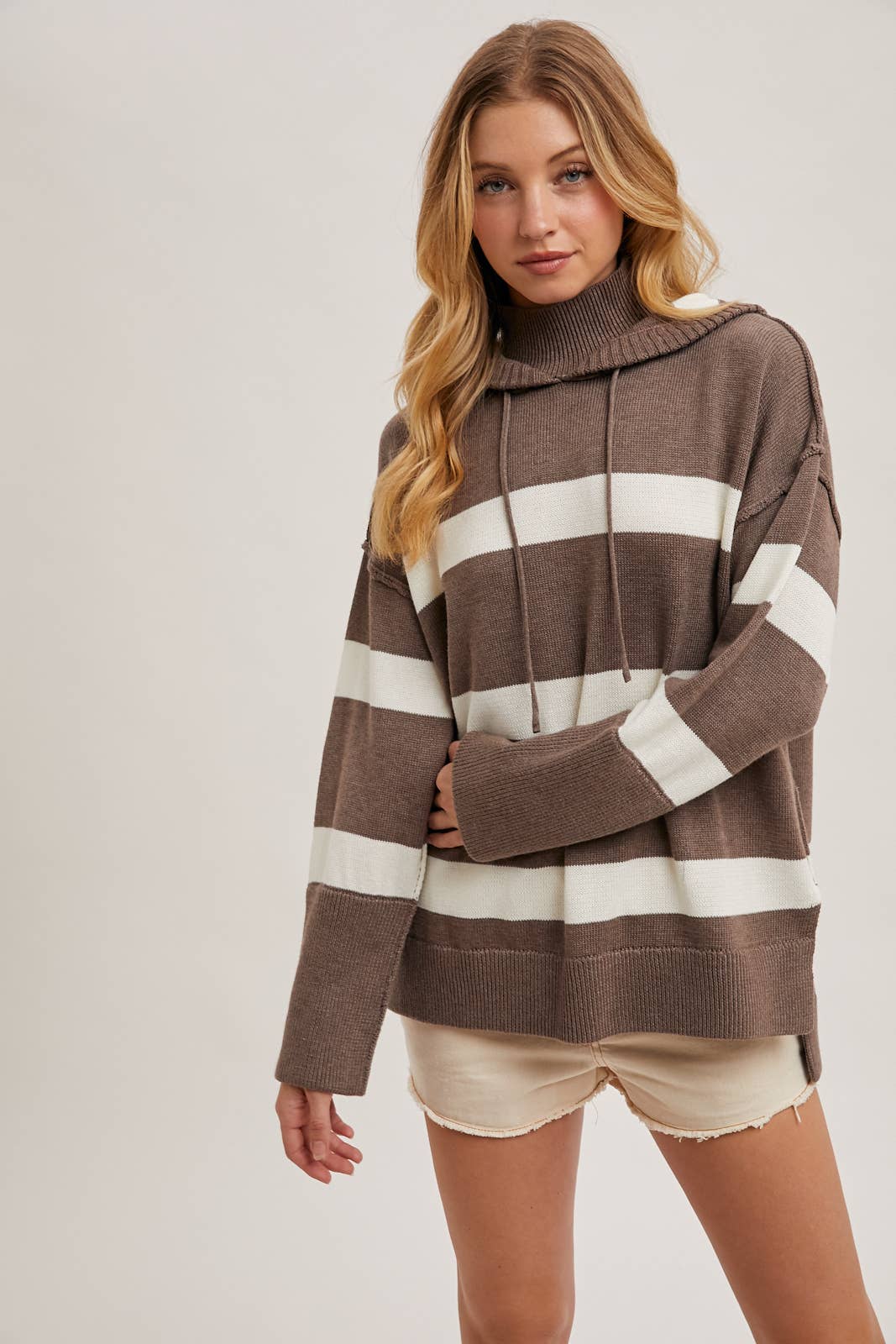 MOCK NECK STRIPED HOODED KNIT SWEATER