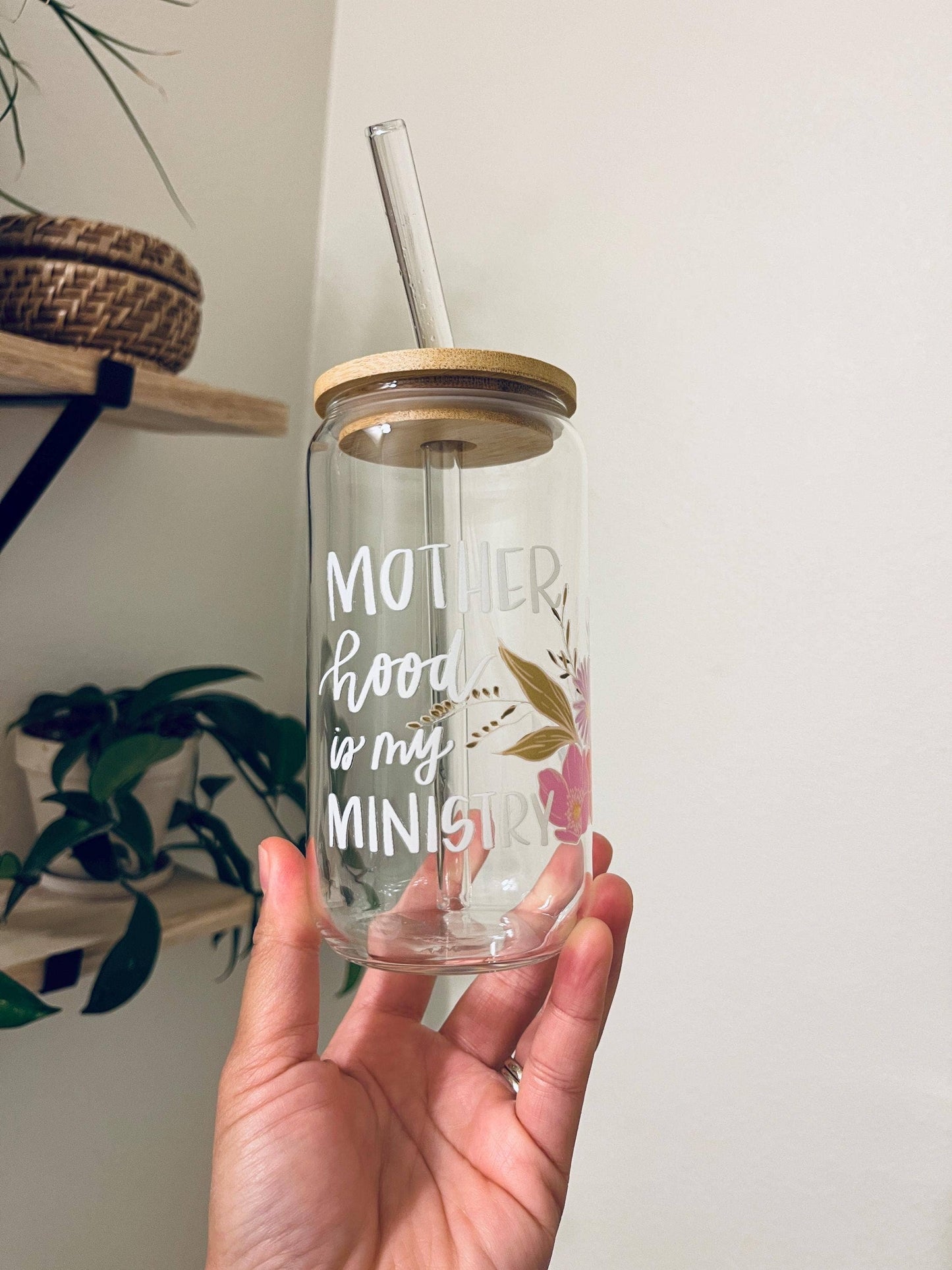 Motherhood is my Ministry Christian Glass Cup Lid & Straw