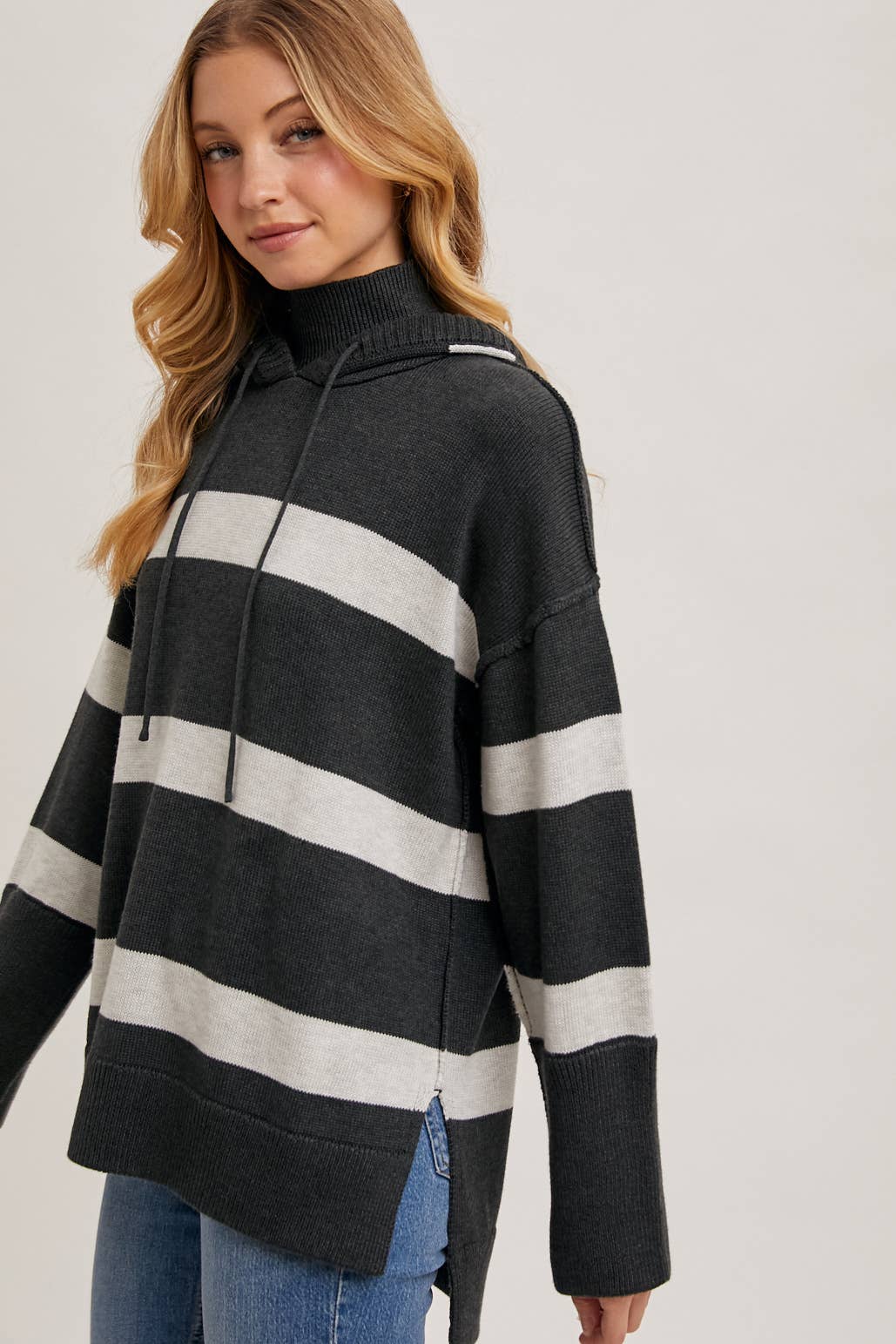 MOCK NECK STRIPED HOODED KNIT SWEATER
