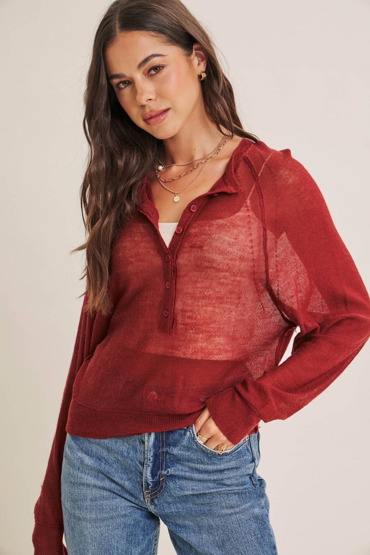 MORNING LAYER AIRY WOOL BLEND SHEER HENLEY SWEATER TOP