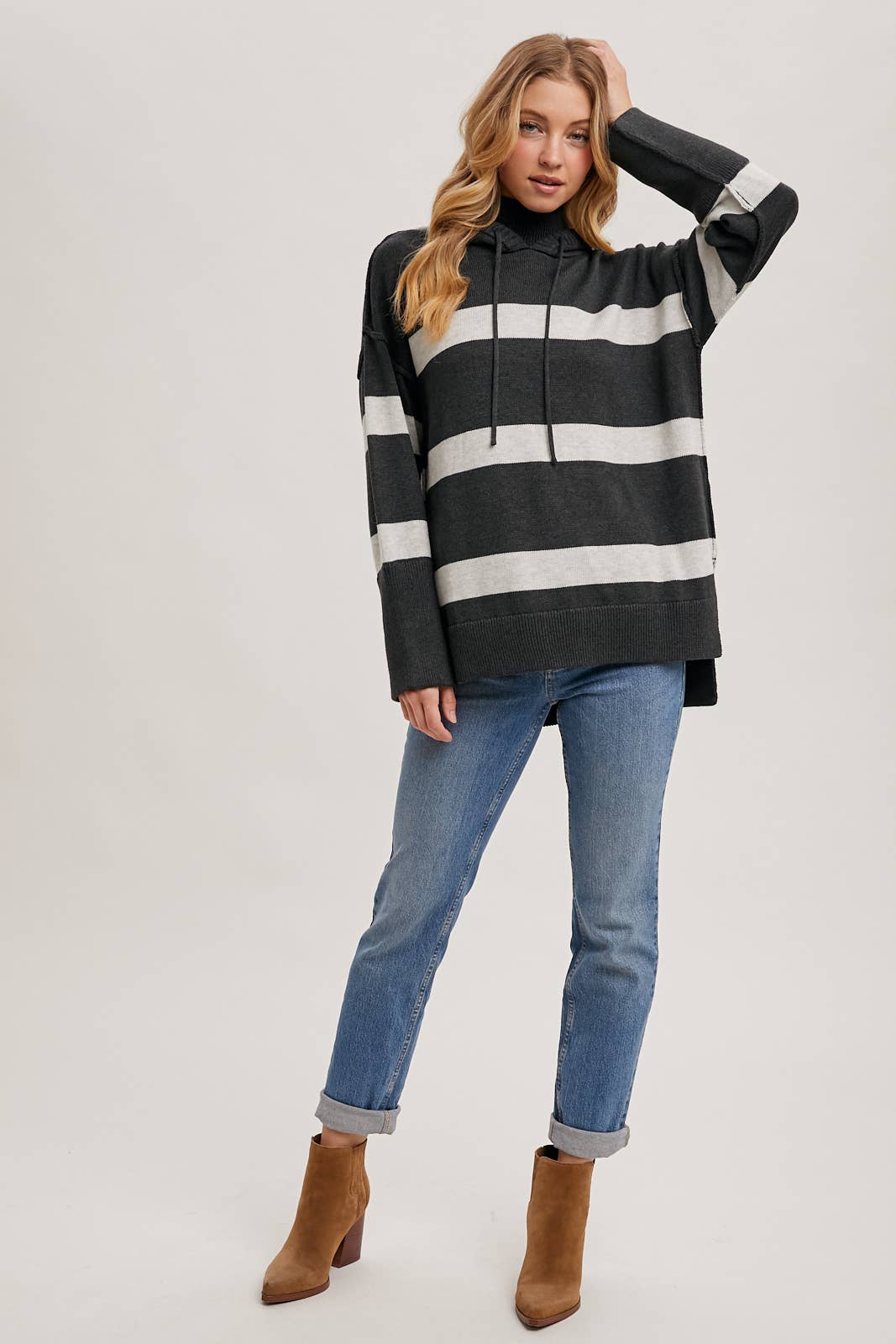 MOCK NECK STRIPED HOODED KNIT SWEATER