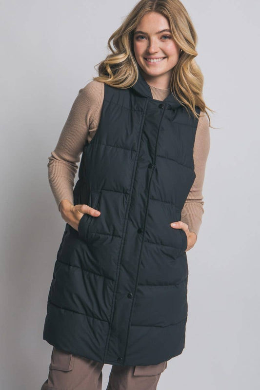 Hooded Long Quilted Puffer Vest