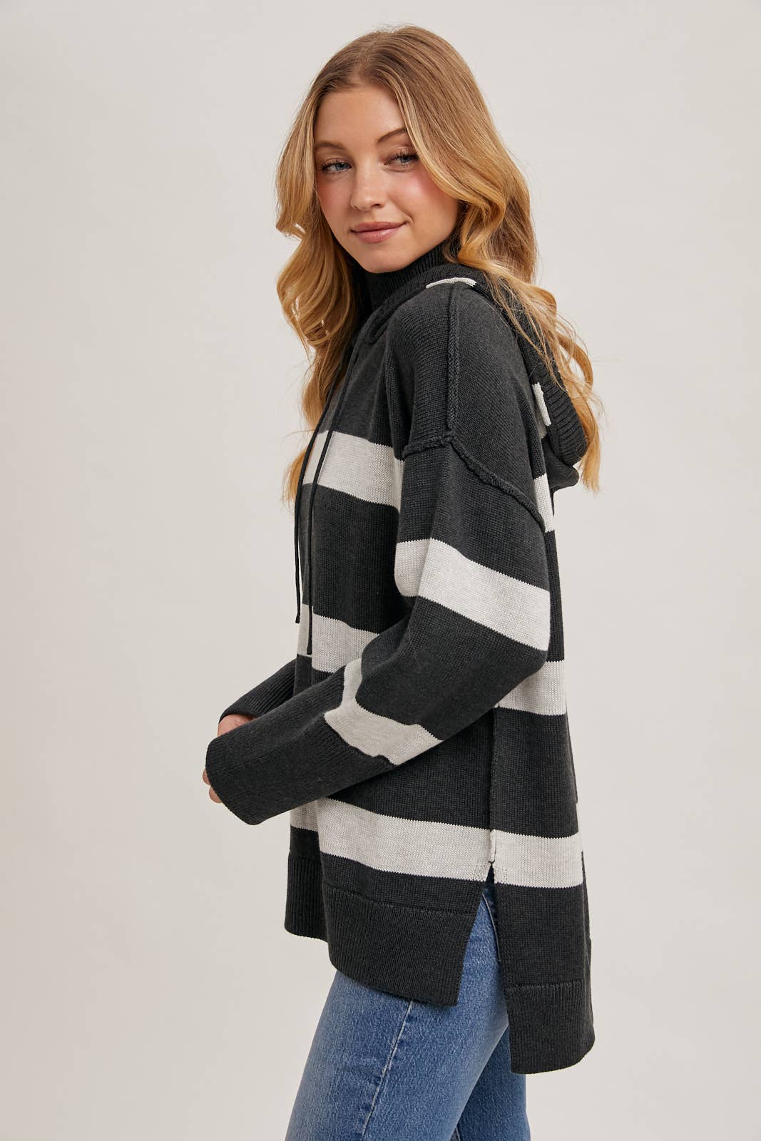 MOCK NECK STRIPED HOODED KNIT SWEATER