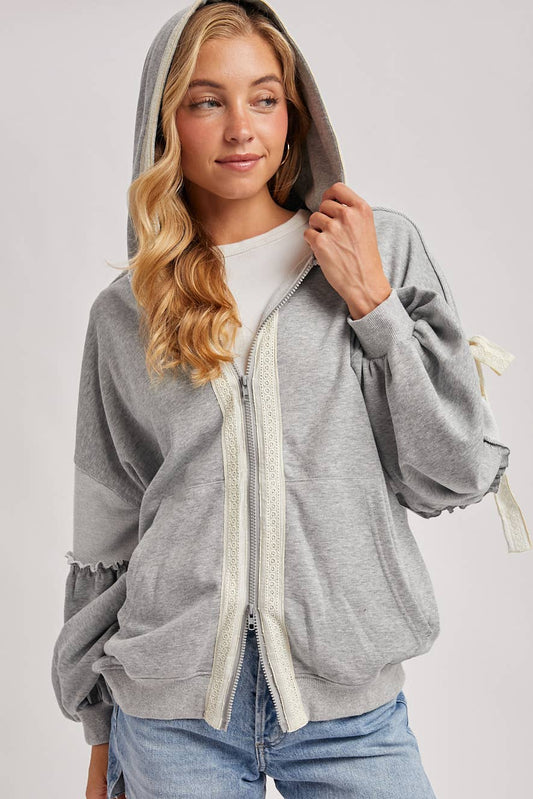BALLOON SLEEVE LACE TRIMMED ZIPPER FRONT HOODIE OUTERWEAR