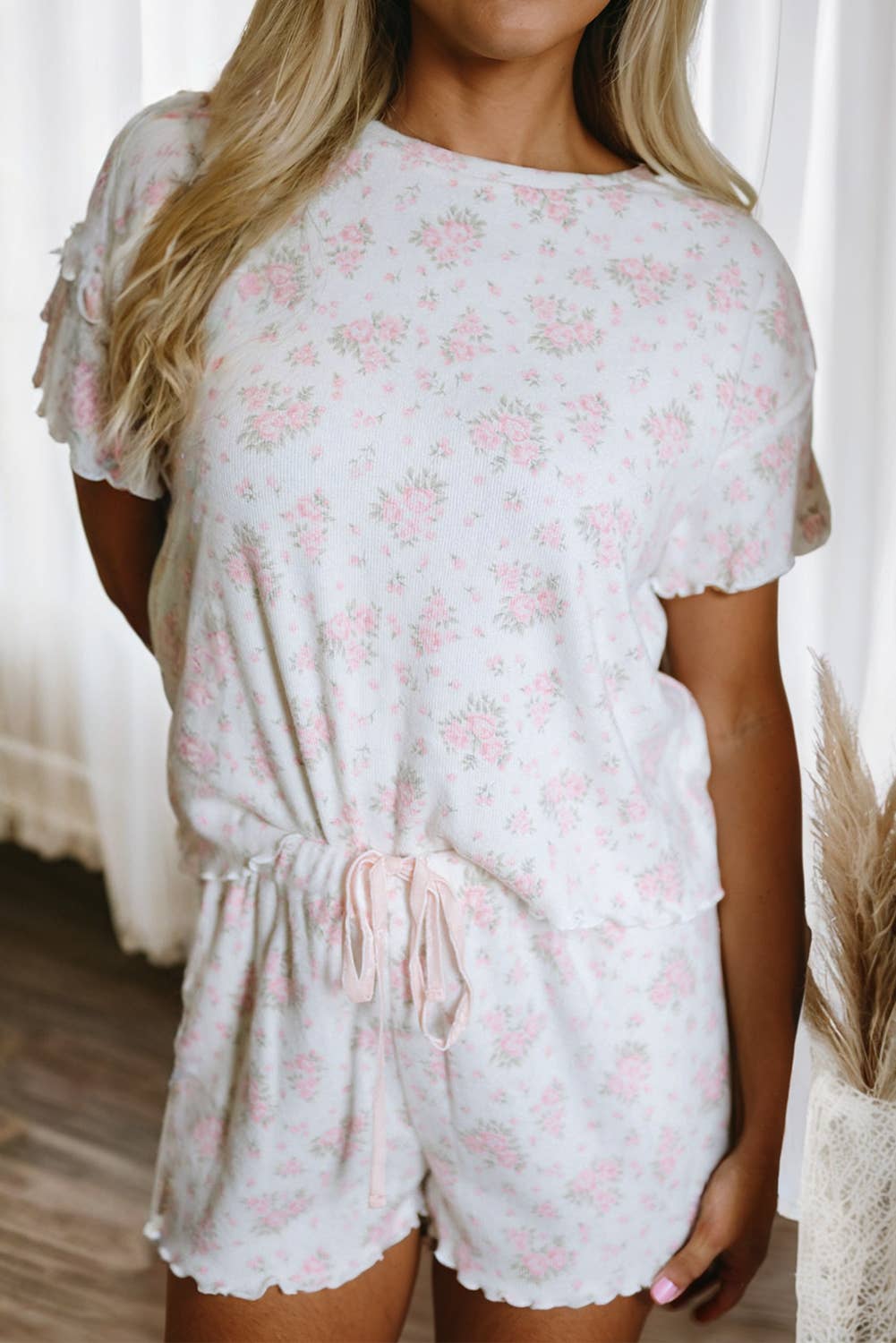 LDC Floral Lettuce Trim Tee and Shorts Ribbed Lounge Set