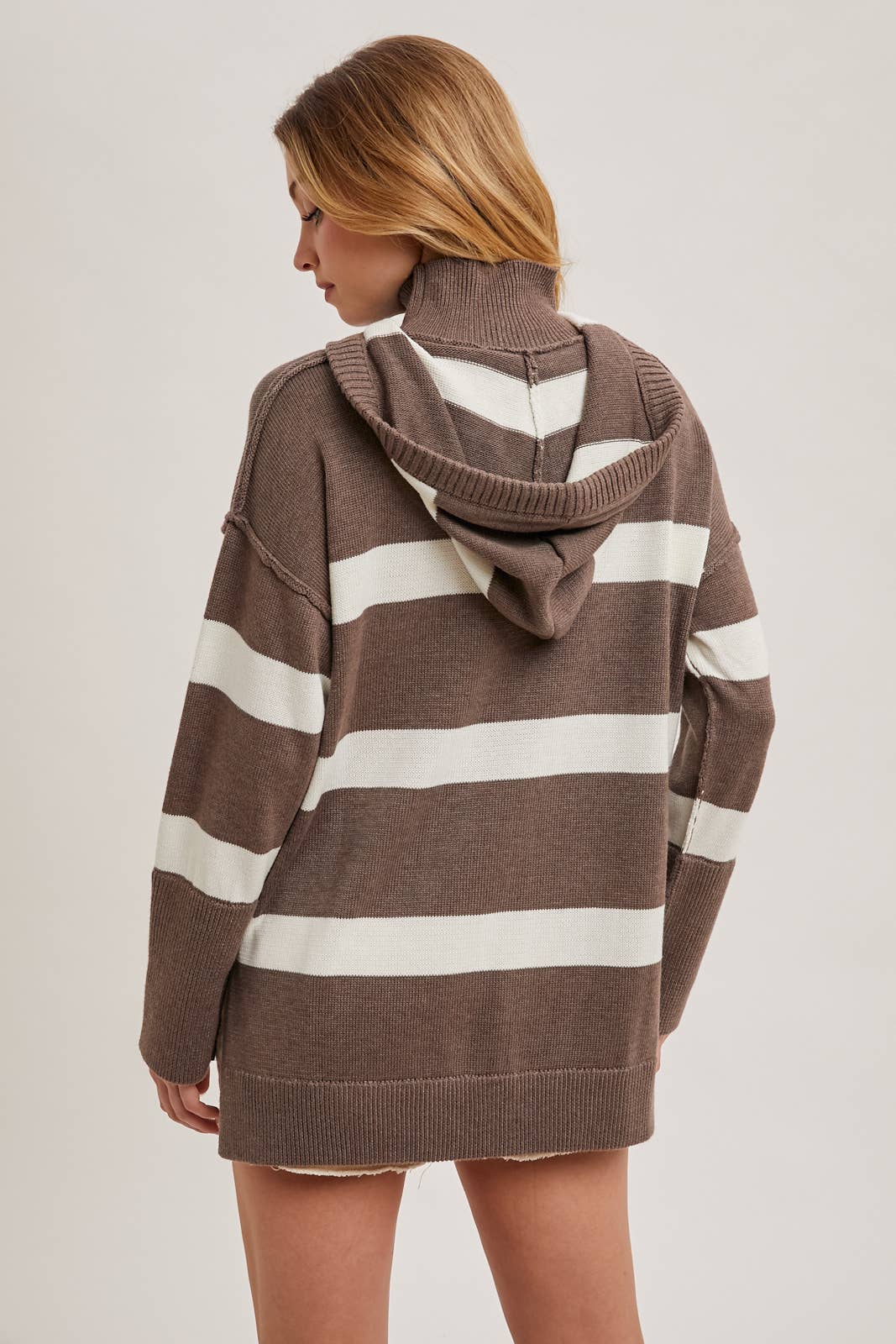 MOCK NECK STRIPED HOODED KNIT SWEATER