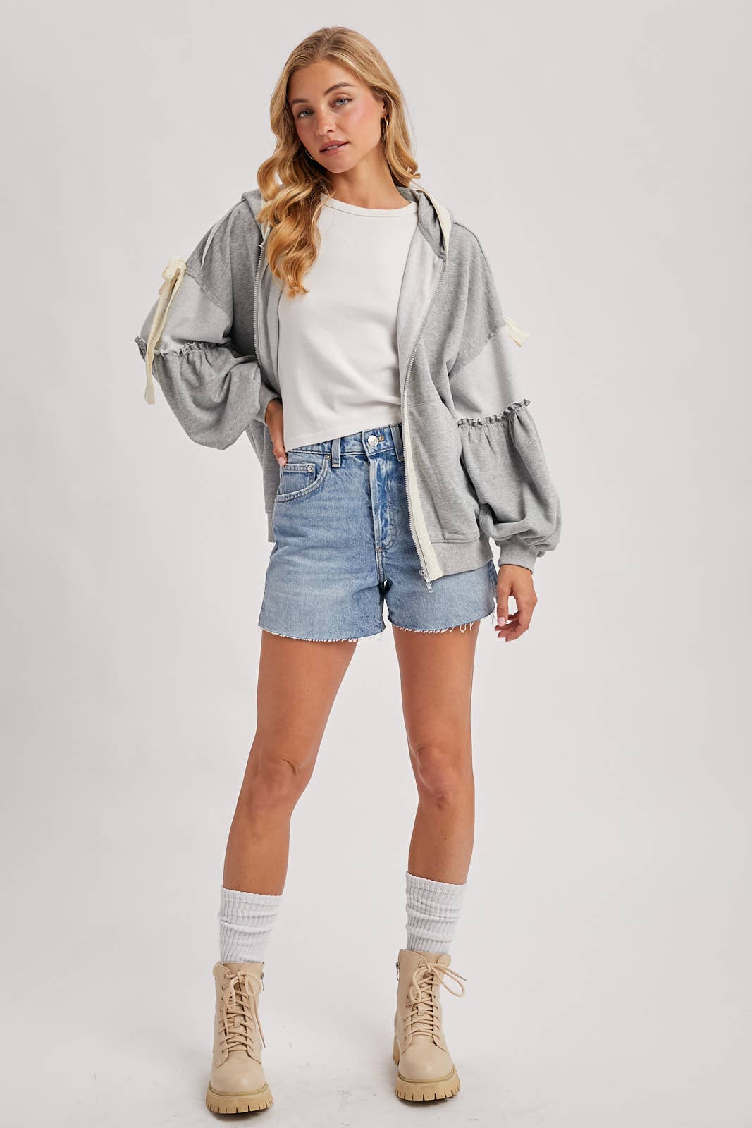 BALLOON SLEEVE LACE TRIMMED ZIPPER FRONT HOODIE OUTERWEAR