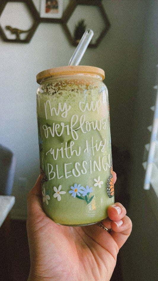 Blessings Christian Glass Cup with Straw and Lid