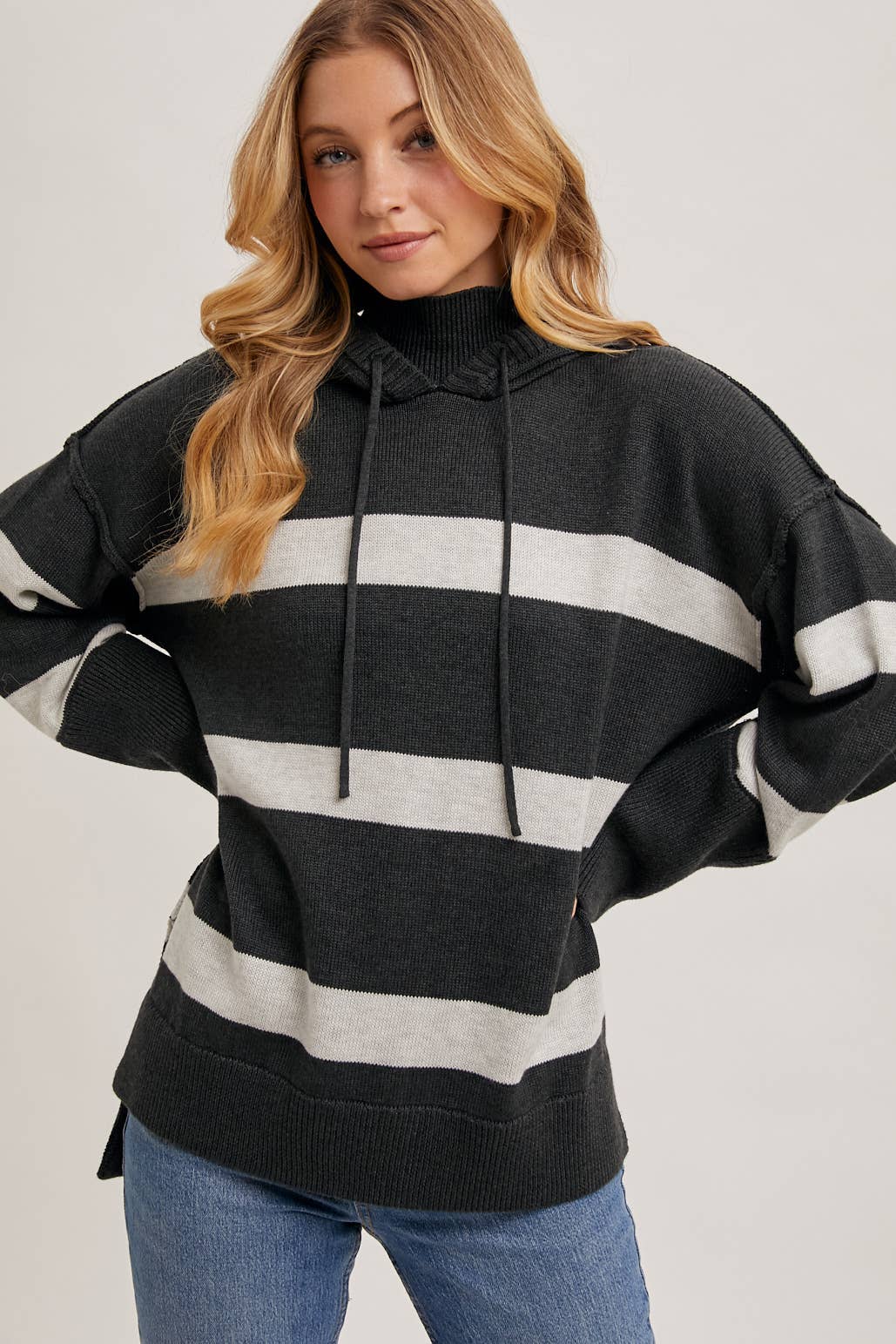 MOCK NECK STRIPED HOODED KNIT SWEATER