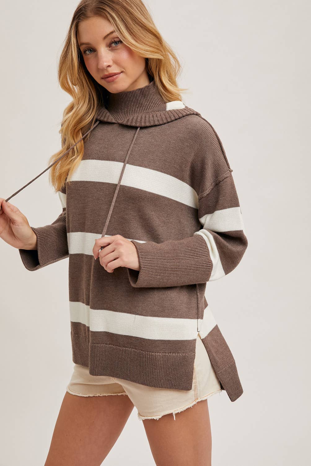 MOCK NECK STRIPED HOODED KNIT SWEATER