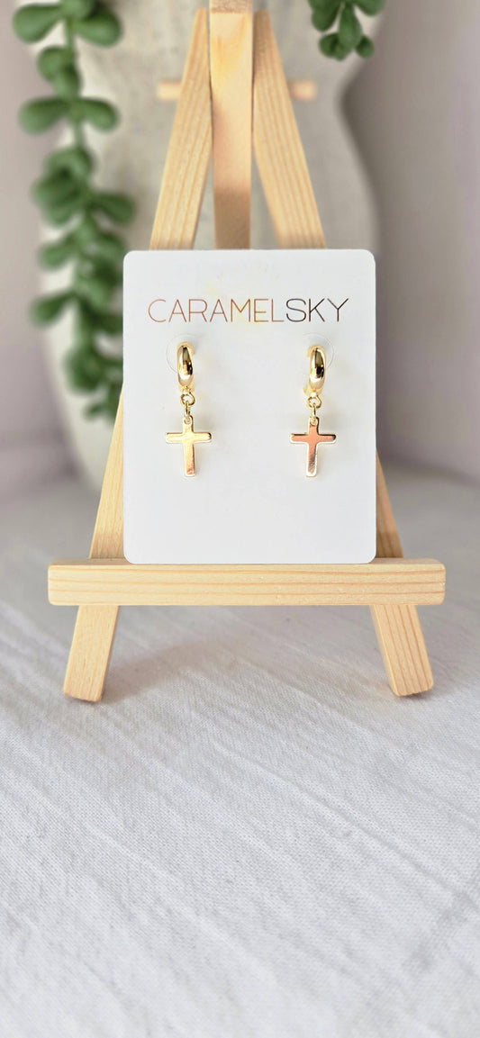 18K Gold-Plated Cross Earrings, Gold Cross Drop Earrings