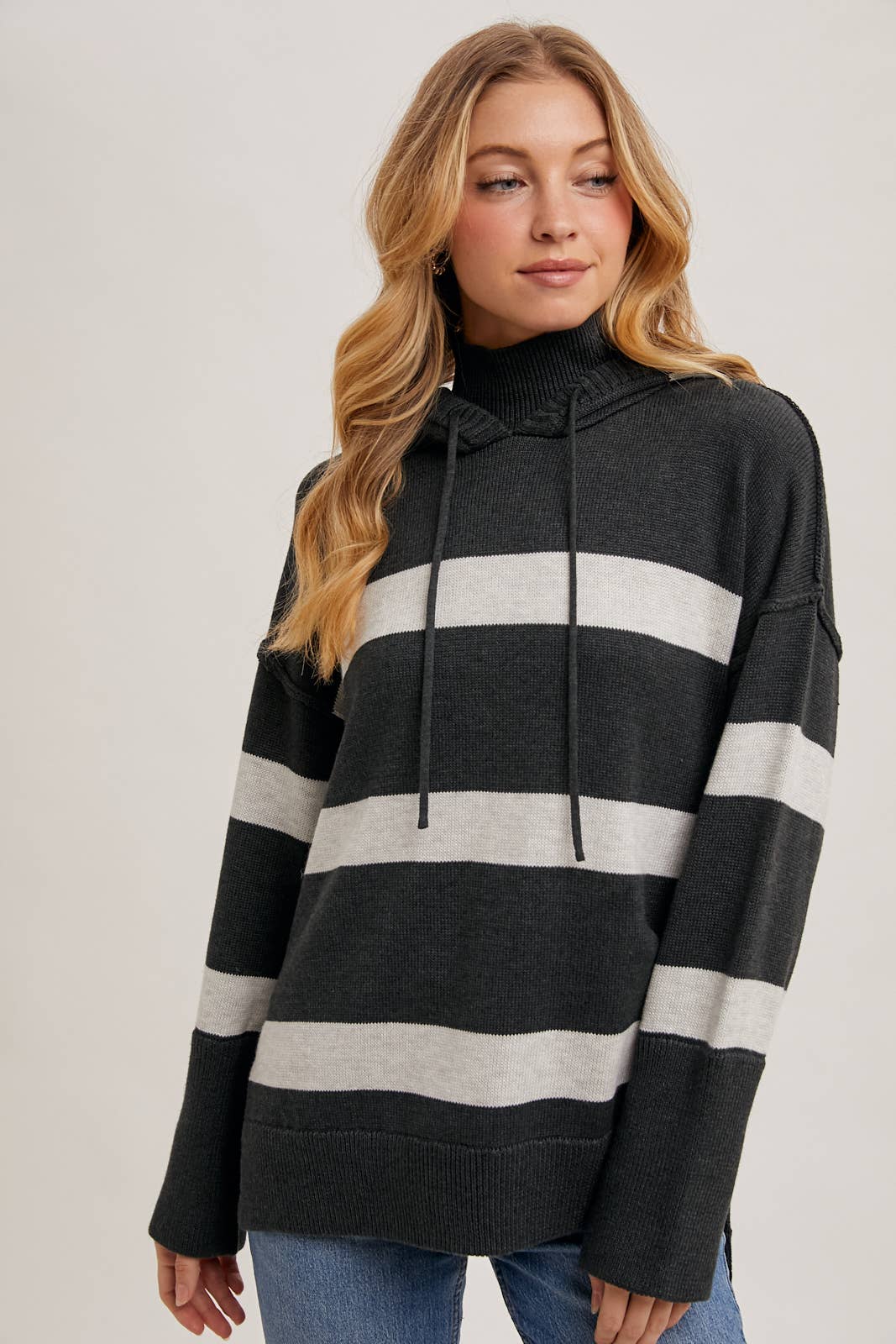 MOCK NECK STRIPED HOODED KNIT SWEATER
