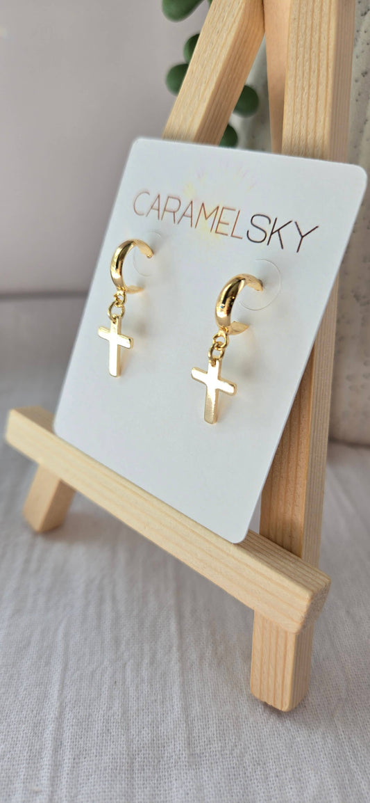 18K Gold-Plated Cross Earrings, Gold Cross Drop Earrings