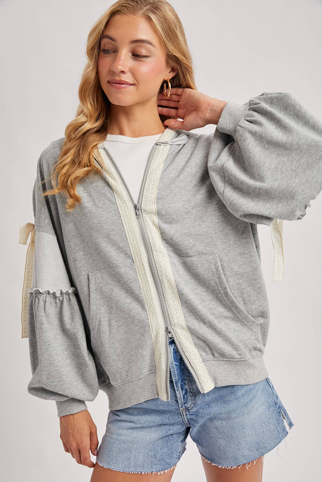 BALLOON SLEEVE LACE TRIMMED ZIPPER FRONT HOODIE OUTERWEAR
