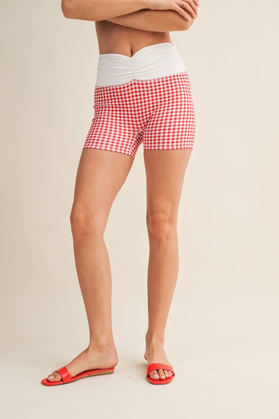 Gingham Print Ruched Waistband Biker Shorts
