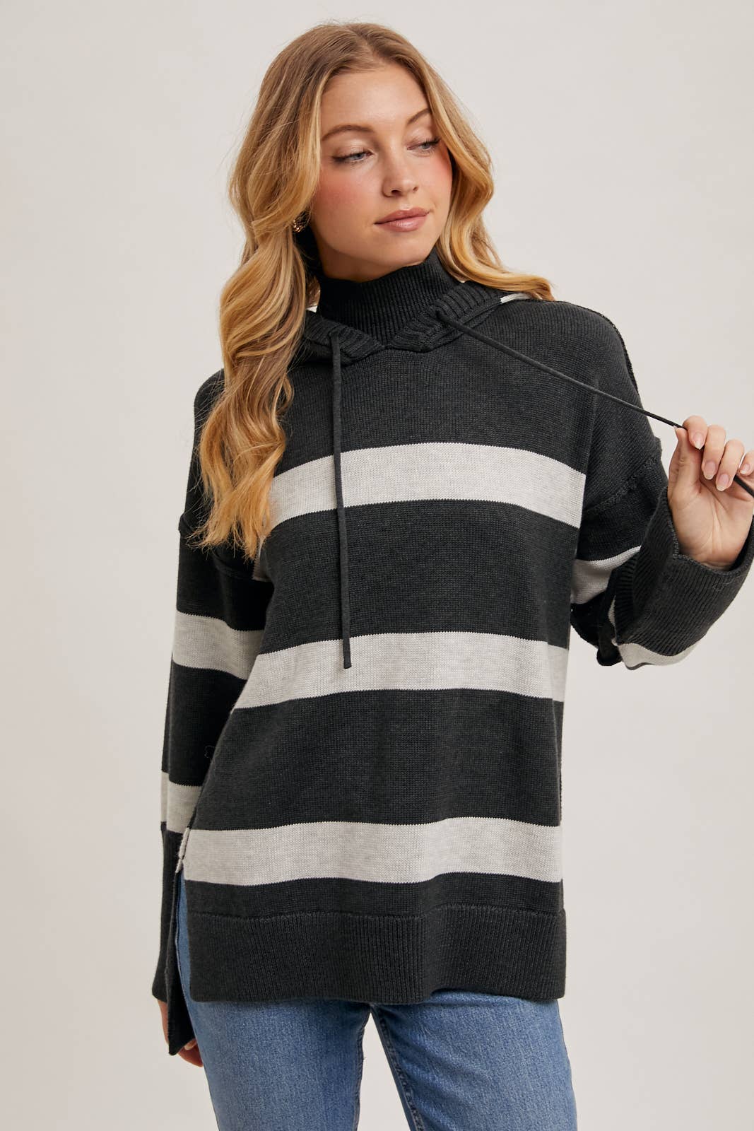 MOCK NECK STRIPED HOODED KNIT SWEATER