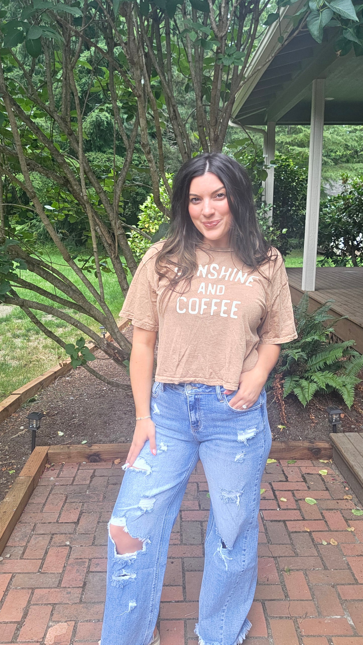 SUNSHINE AND COFFEE Cropped Mineral Washed Graphic Top
