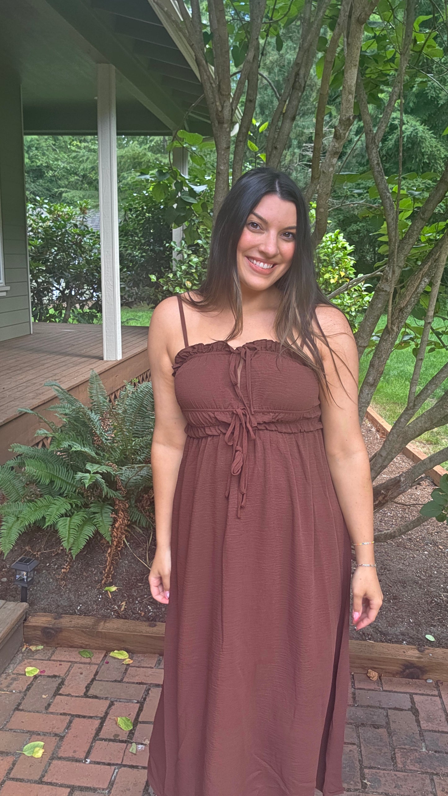 Brown Smocked Waist Maxi Dress Spaghetti Strap Summer
