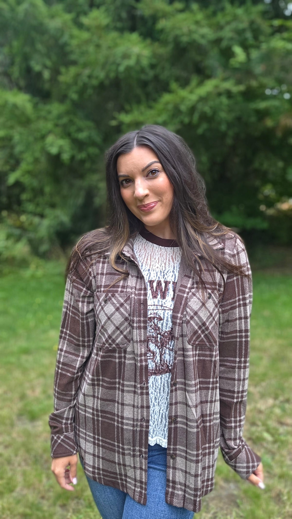 Chocolate Brown & Tan Plaid Button Up