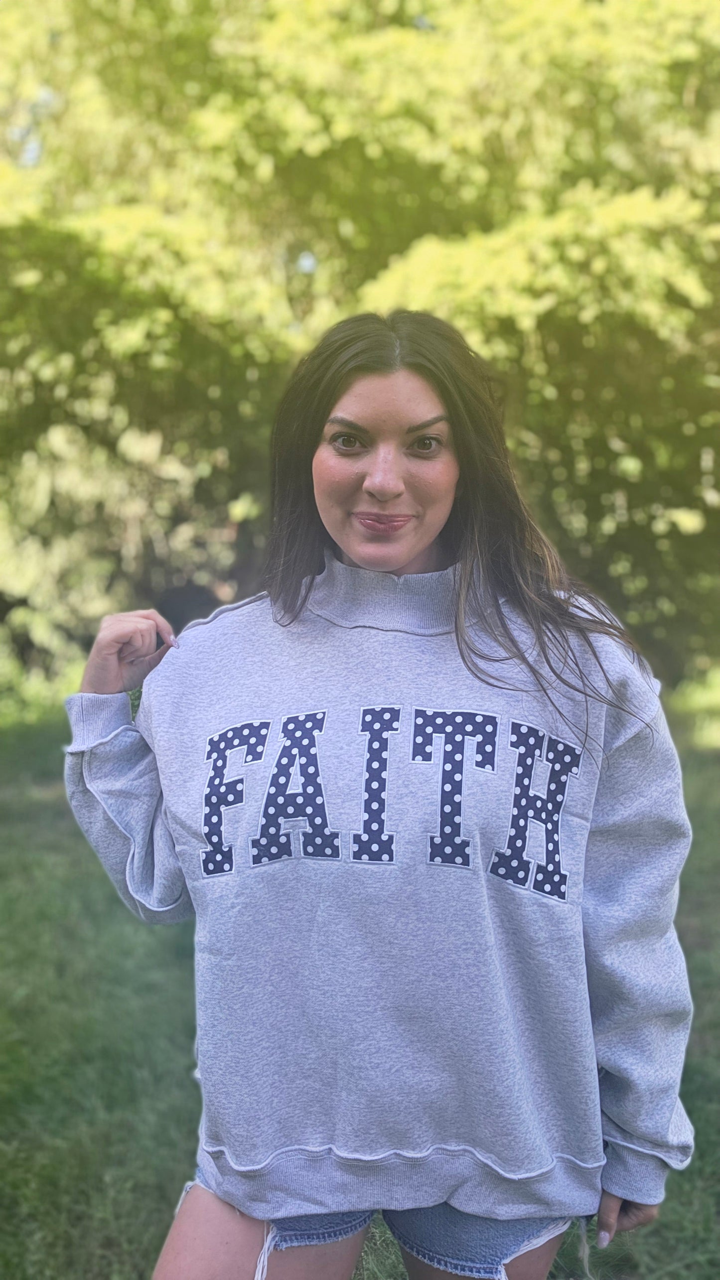 IT2594E-FAITH | Embroidered Polka-Dot Mock Neck Sweatshirt
