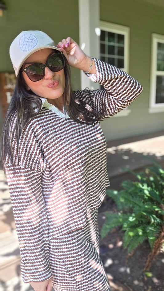 Women's Knit Stripe Loungewear Set Long Sleeve Top Pants