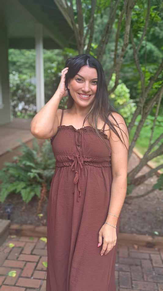 Brown Smocked Waist Maxi Dress Spaghetti Strap Summer